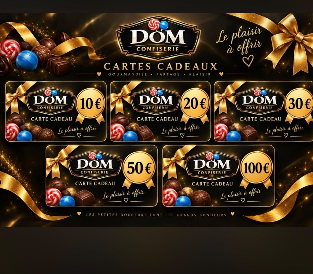 Cartes cadeaux DomConfiserie de 10, 20, 30, 50 et 100 euros