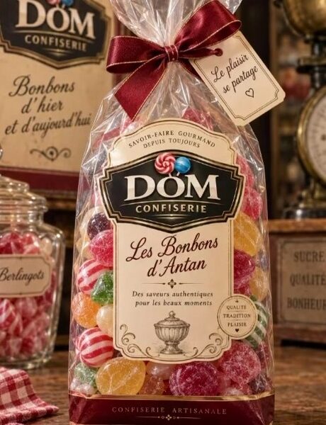 Sachet transparent DomConfiserie rempli de bonbons à l'ancienne, ruban bordeaux