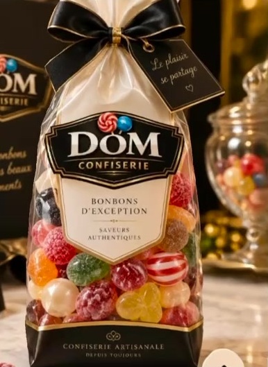 Sachet DomConfiserie noué d'un ruban noir, bonbons acidulés et berlingots