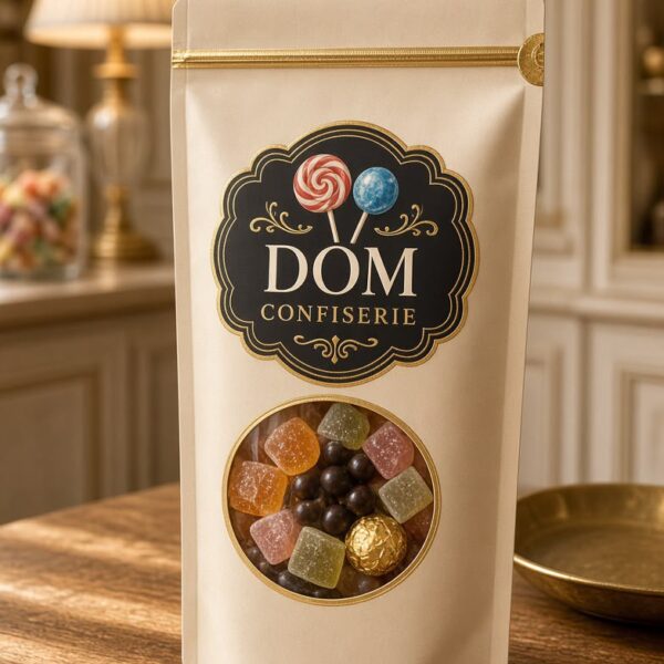Sachet kraft ivoire DomConfiserie avec fenêtre sur des pâtes de fruits et des dragées