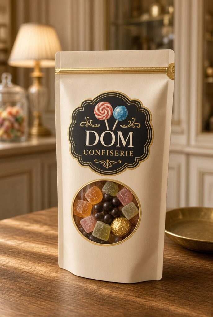 Sachet kraft ivoire DomConfiserie avec fenêtre sur des pâtes de fruits et des dragées